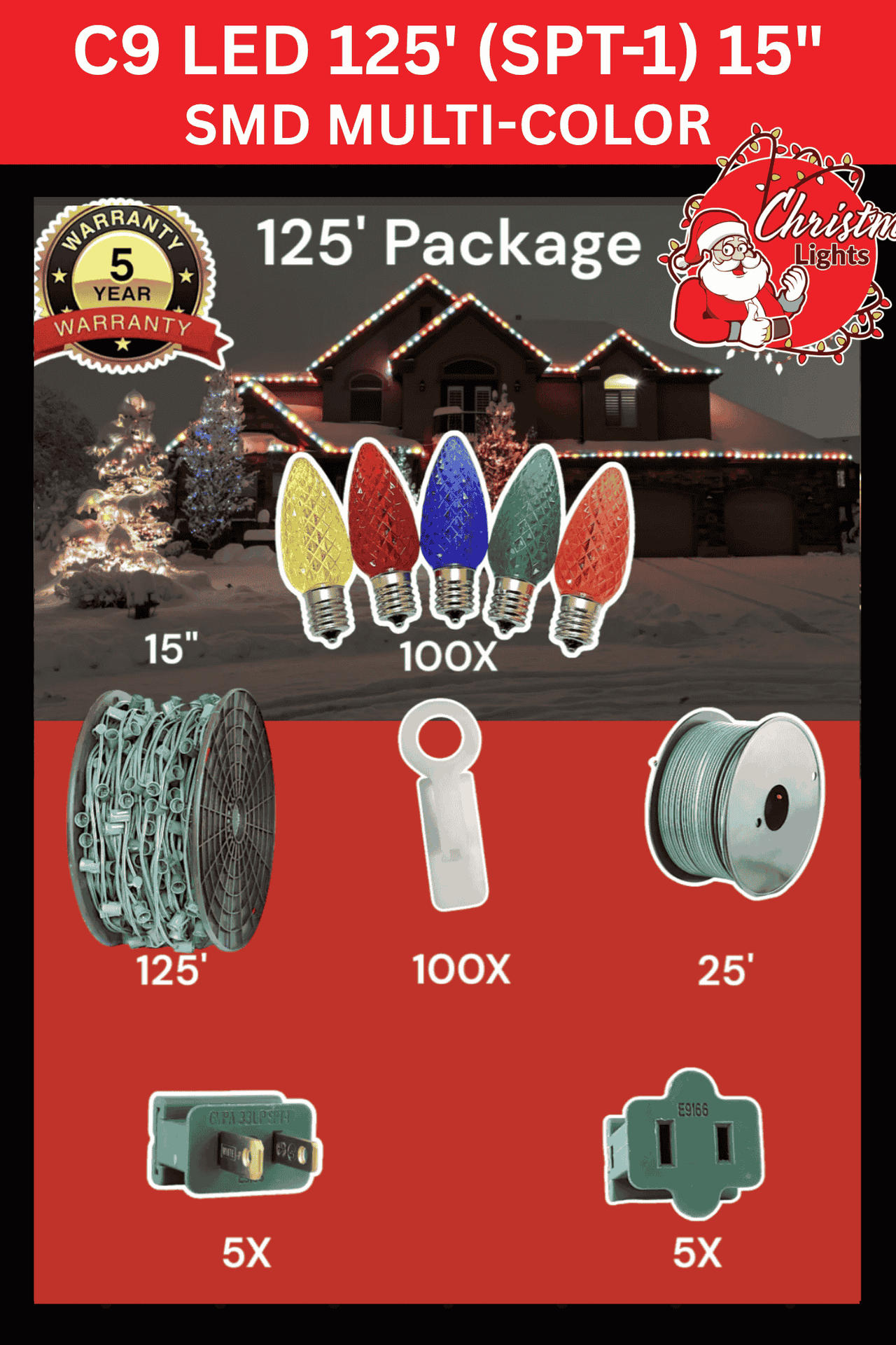 C9 LED 125' SPT-1 15" SMD Multi-Color Professional Christmas Lights Packages