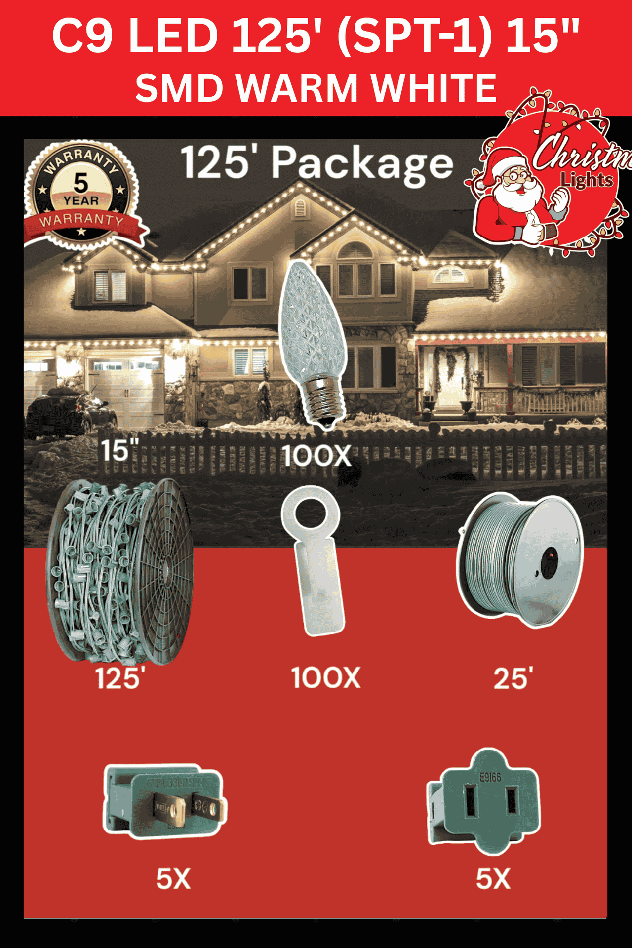 C9 LED 125' SPT-1 15" SMD Warm White Professional Christmas Lights Packages