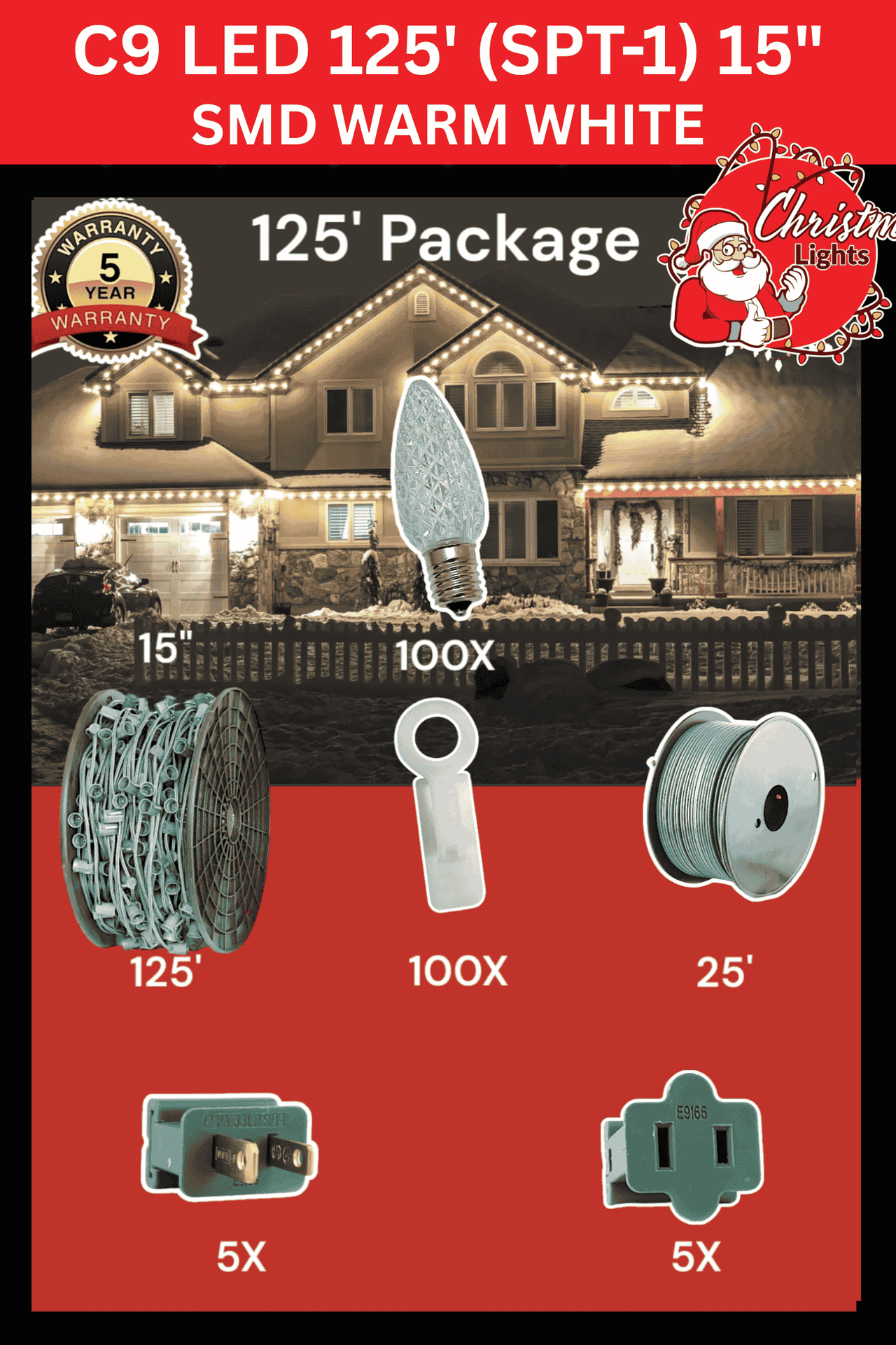 C9 LED 125' SPT-1 15" SMD Warm White Professional Christmas Lights Packages
