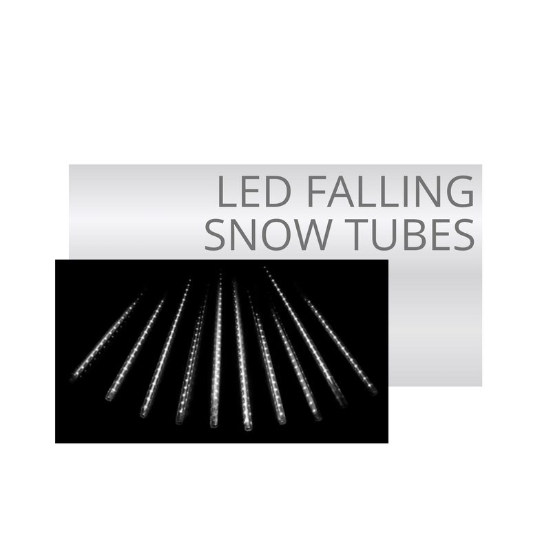 LED falling snow tubes create animated snowfall effects.