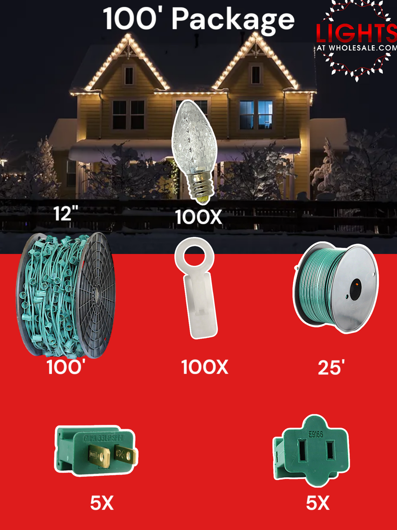 C7 LED 100' Pro Christmas Light Package - 12" Spacing