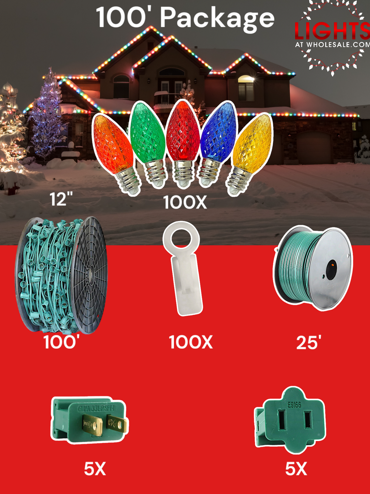 C7 LED 100' Pro Christmas Light Package - 12" Spacing