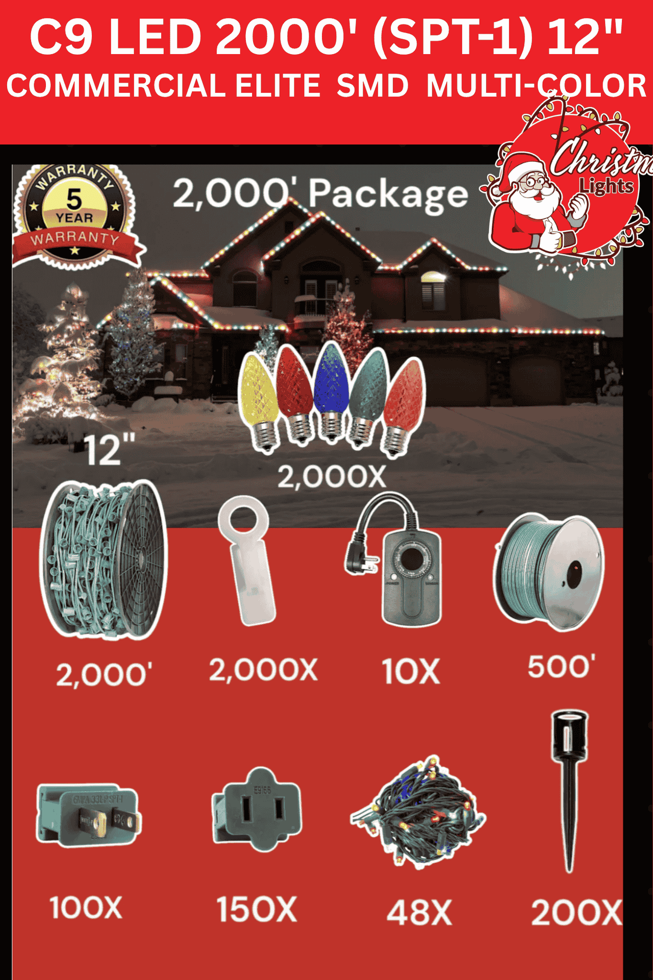 Professional Christmas Lights C9 LED 2000' Contractor Pro Package 12" Spacing SPT1 Commercial Elite SMD Multi-Color