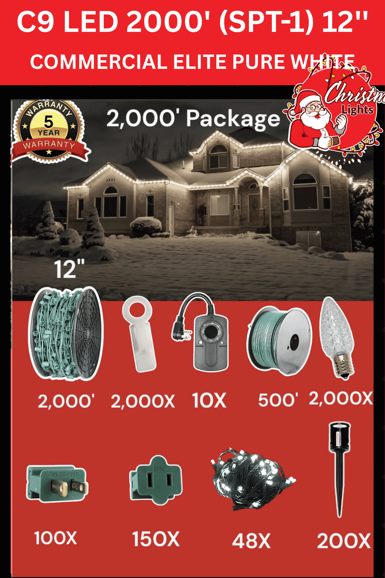 Professional Christmas Lights C9 LED 2000' Contractor Pro Package 12" Spacing SPT1 Commercial Elite Pure White