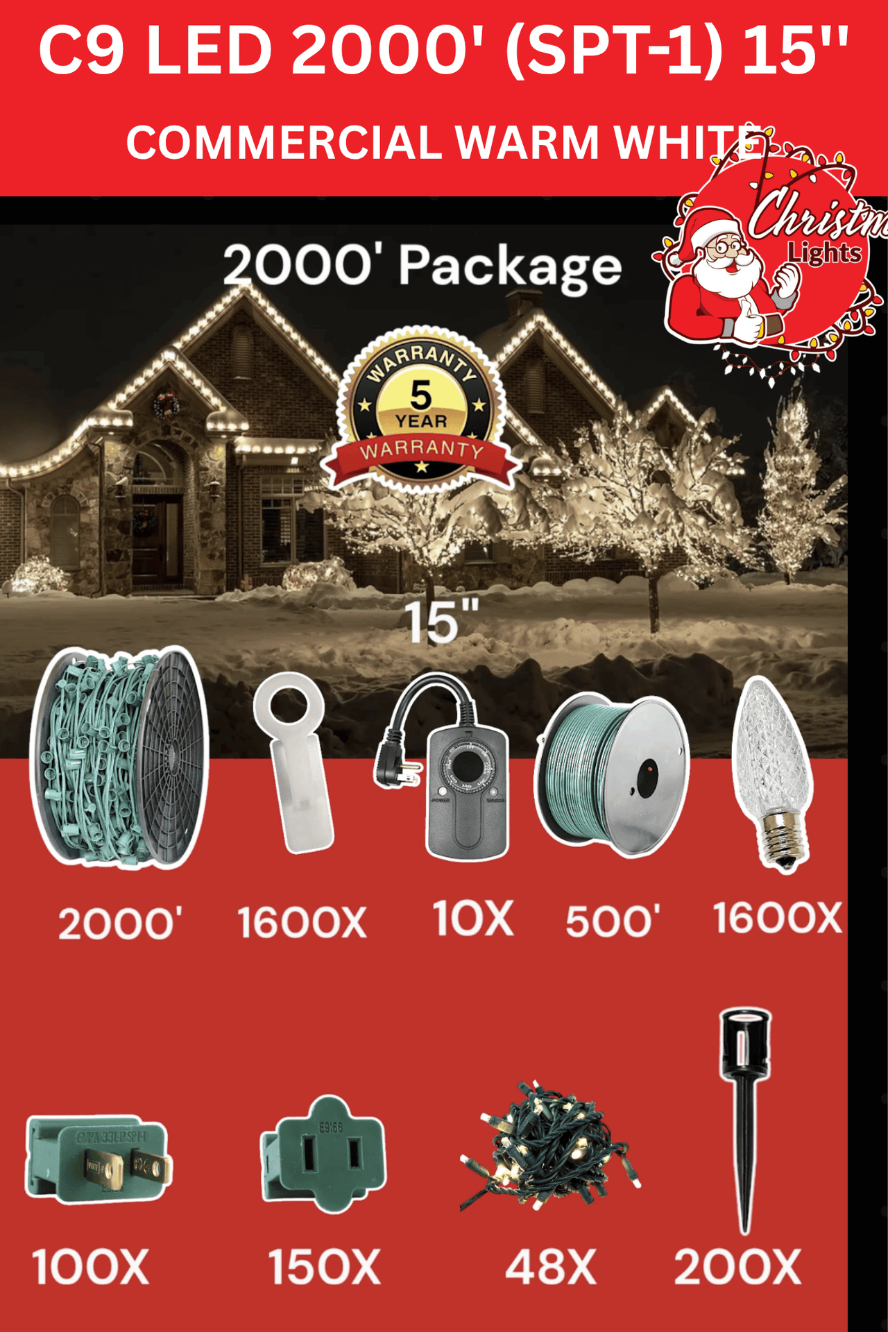 Professional Christmas Lights C9 LED 2000' Contractor Pro Package 15" Spacing SPT1 Commercial Warm White