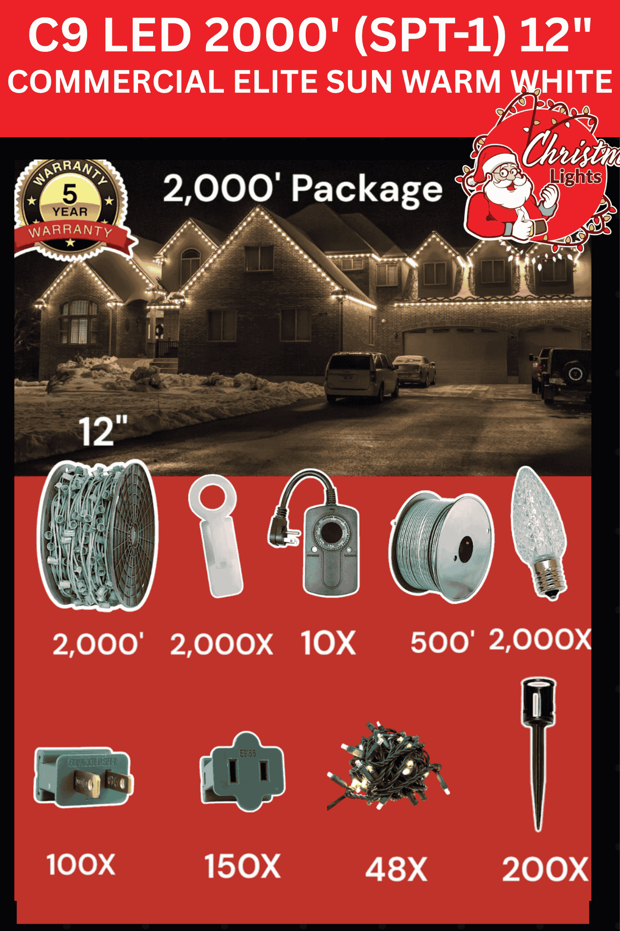Professional Christmas Lights C9 LED 2000' Contractor Pro Package 12" Spacing SPT1 Commercial Elite SMD Sun Warm White
