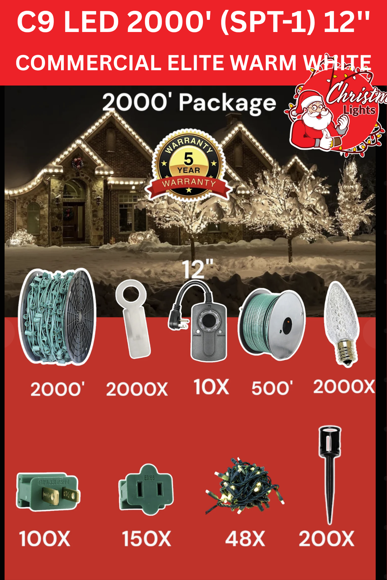 Professional Christmas Lights C9 LED 2000' Contractor Pro Package 12" Spacing SPT1 Commercial Elite Warm White