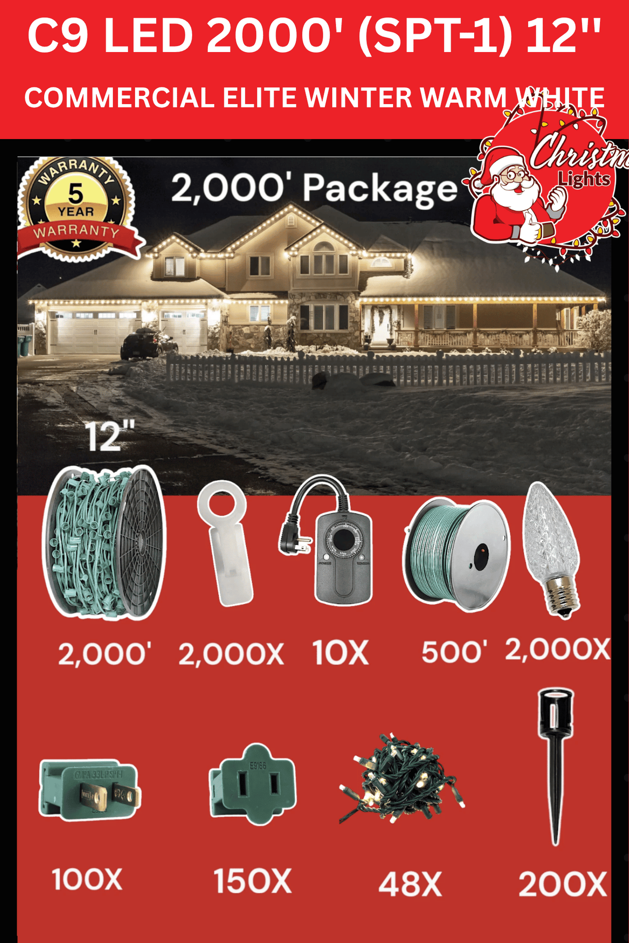 Professional Christmas Lights C9 LED 2000' Contractor Pro Package 12" Spacing SPT1 Commercial Elite Winter Warm White