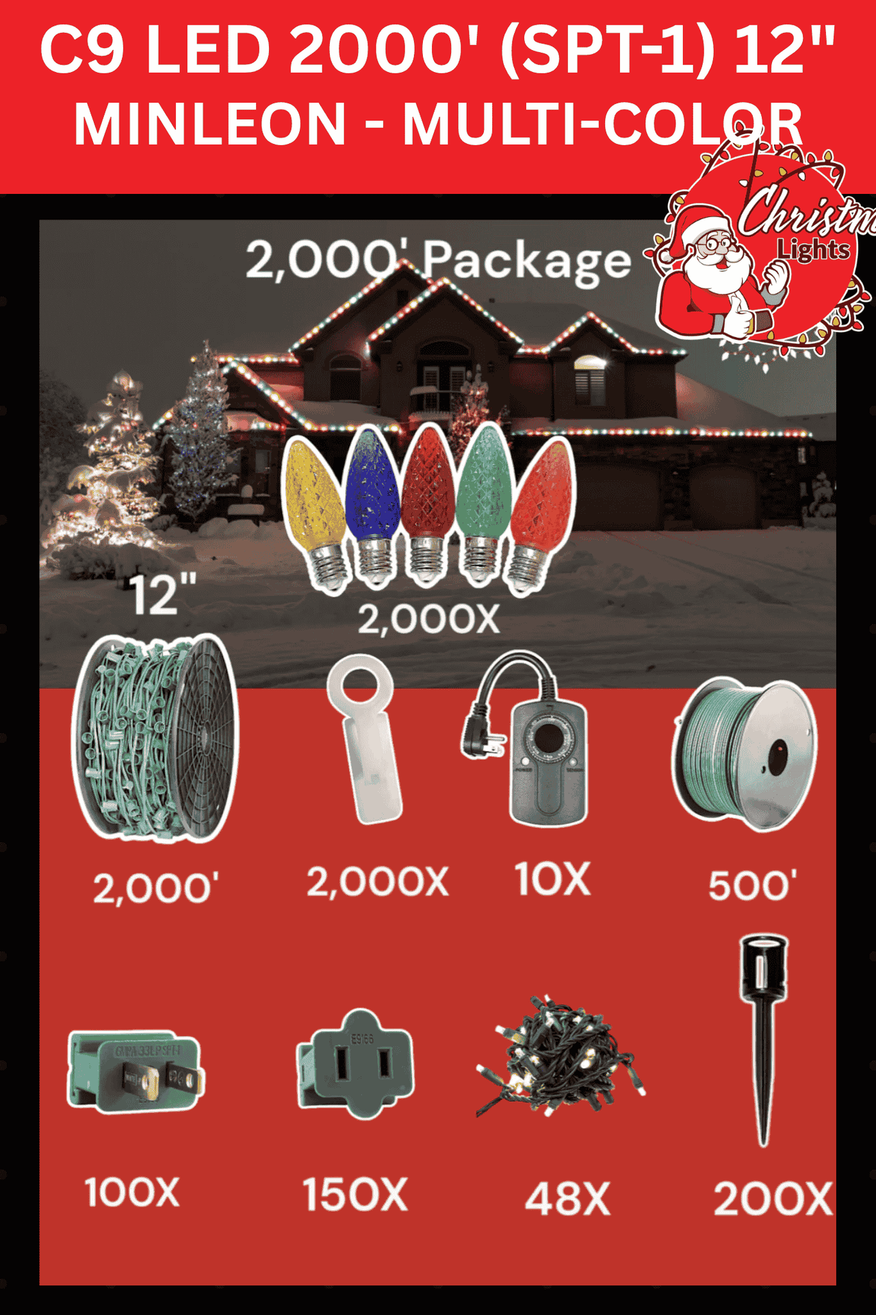 Professional Christmas Lights C9 LED 2000' Contractor Pro Package 12" Spacing Minleon Multi-Color