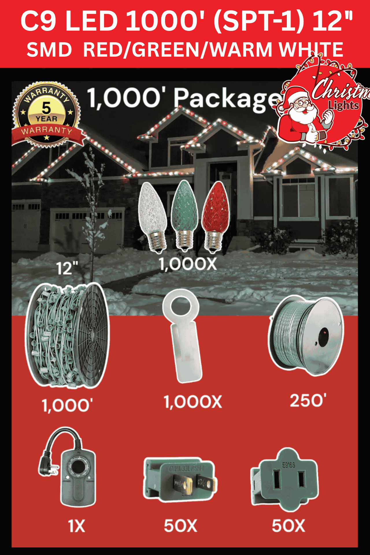 Professional Christmas lights C9 LED 1000' SPT-1 12" spacing SMD red green warm white