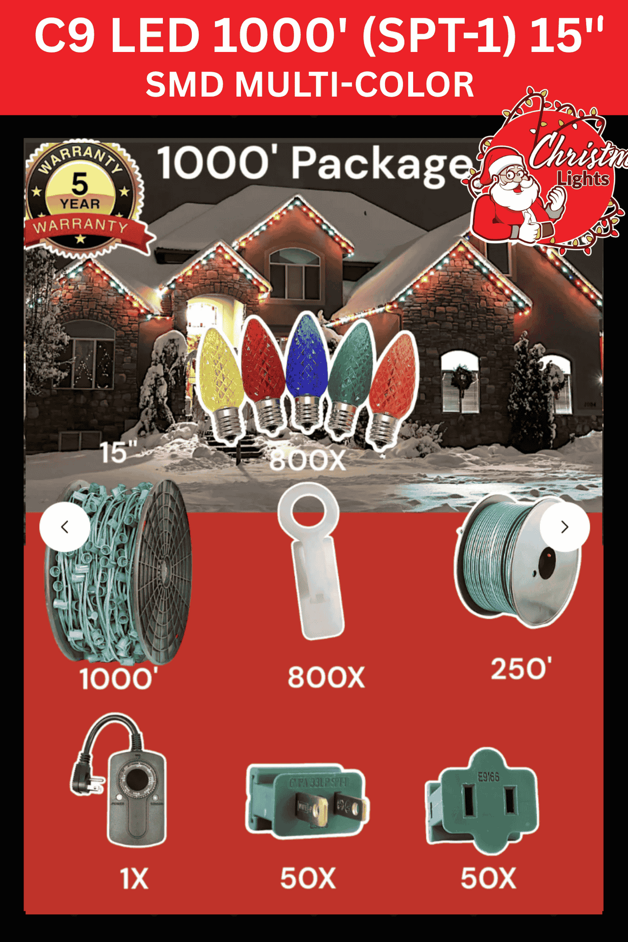 Professional Christmas Lights C9 LED 1000' SPT-1 15" Spacing SMD Multi Color