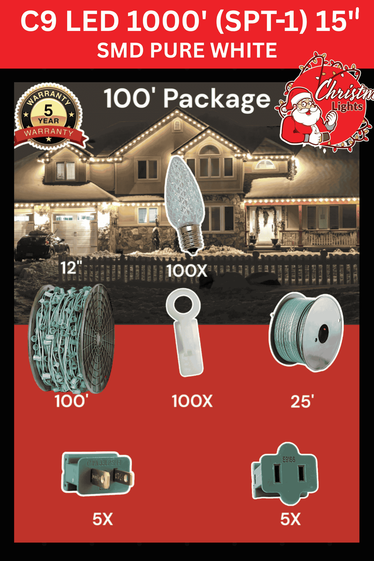 Professional Christmas Lights C9 LED 1000' SPT-1 15" Spacing SMD Pure White