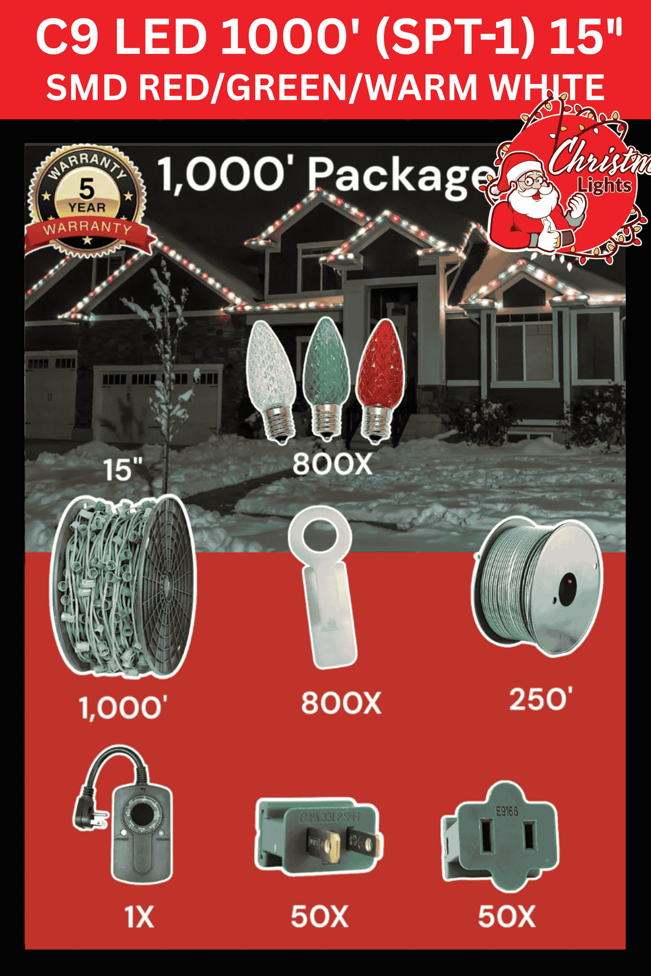 Professional Christmas Lights C9 LED 1000' SPT-1 15" Spacing SMD Red/Green/Warm White