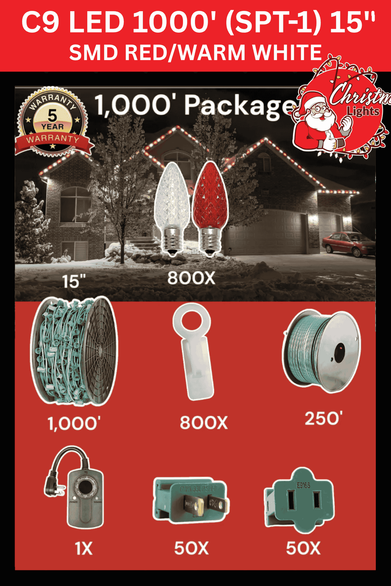 Professional Christmas Lights C9 LED 1000' SPT-1 15" Spacing SMD Red/Warm White