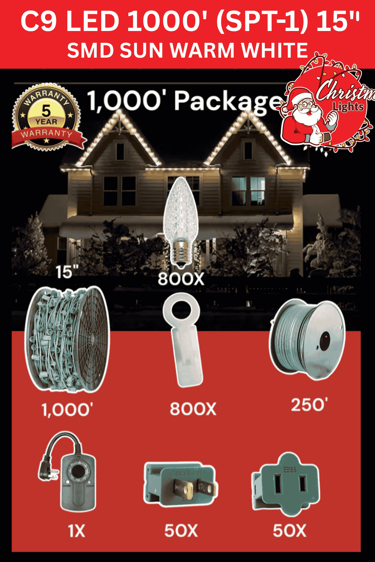 Professional Christmas Lights C9 LED 1000' SPT-1 15" Spacing SMD Sun Warm White