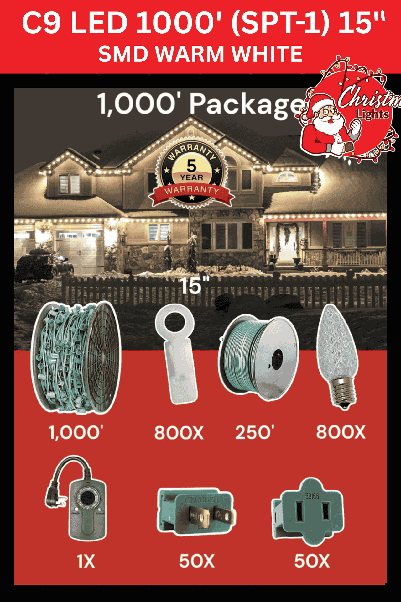Professional Christmas Lights C9 LED 1000' SPT-1 15" Spacing SMD Warm White