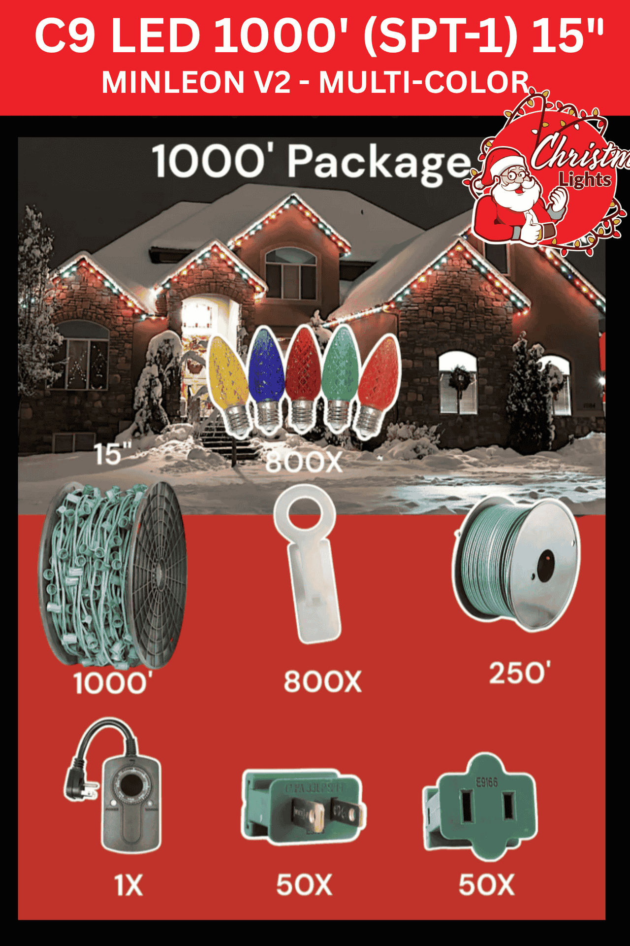 Professional Christmas lights C9 LED 1000' SPT-1 15" spacing Minleon V2 multi-color