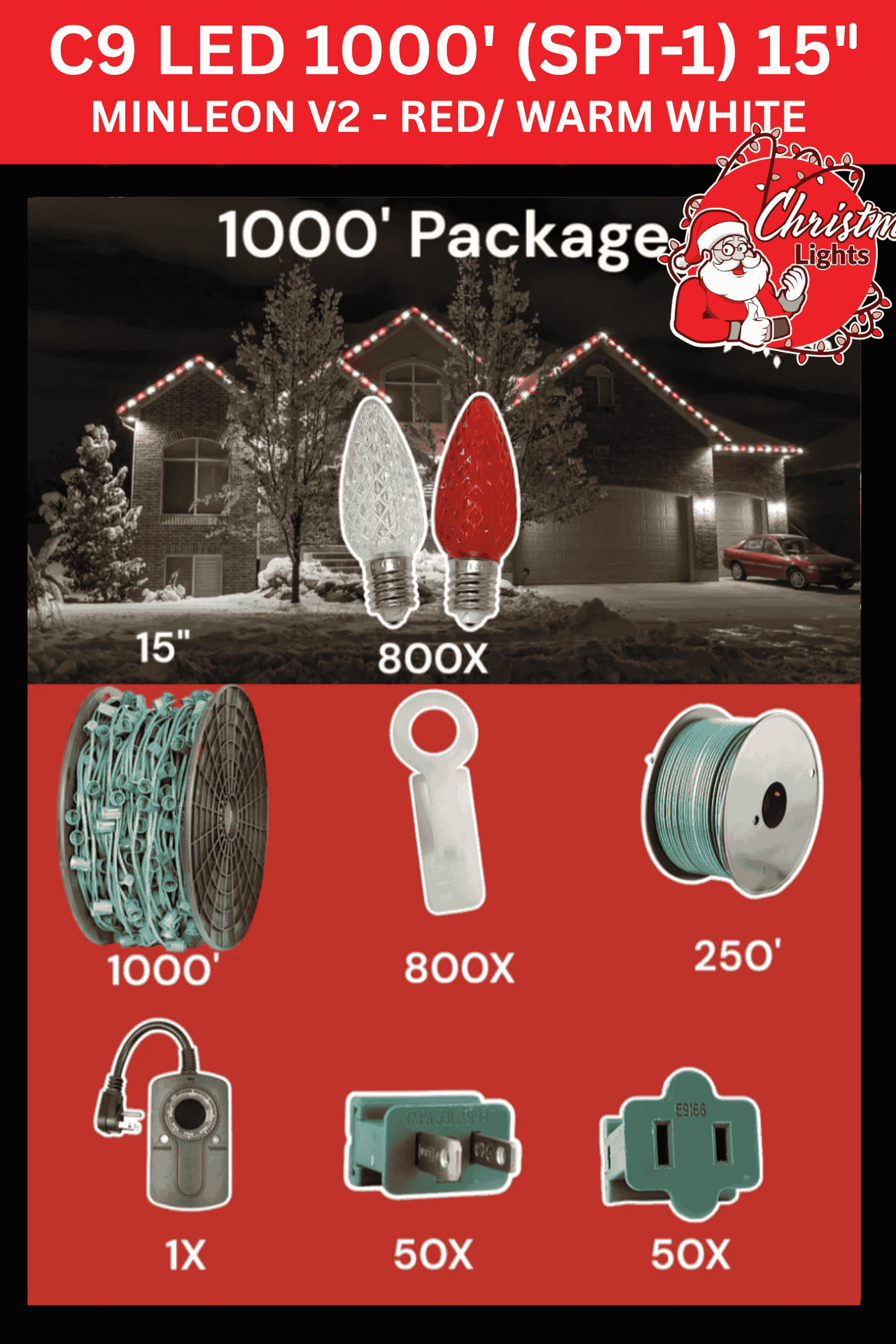 C9 LED 1000' SPT-1 15" spacing Minleon V2 red warm white Professional Christmas lights 