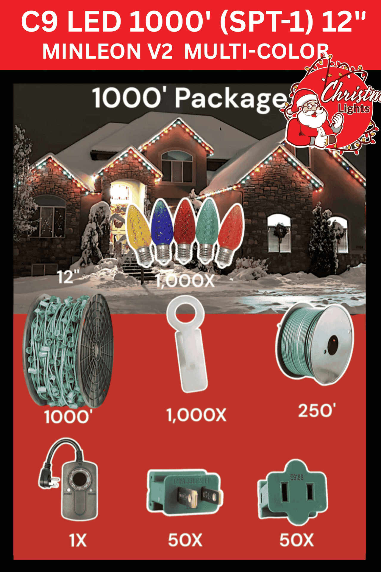 Professional Christmas Lights C9 LED 1000' SPT-1 12" Spacing Minleon V2 Multi Color