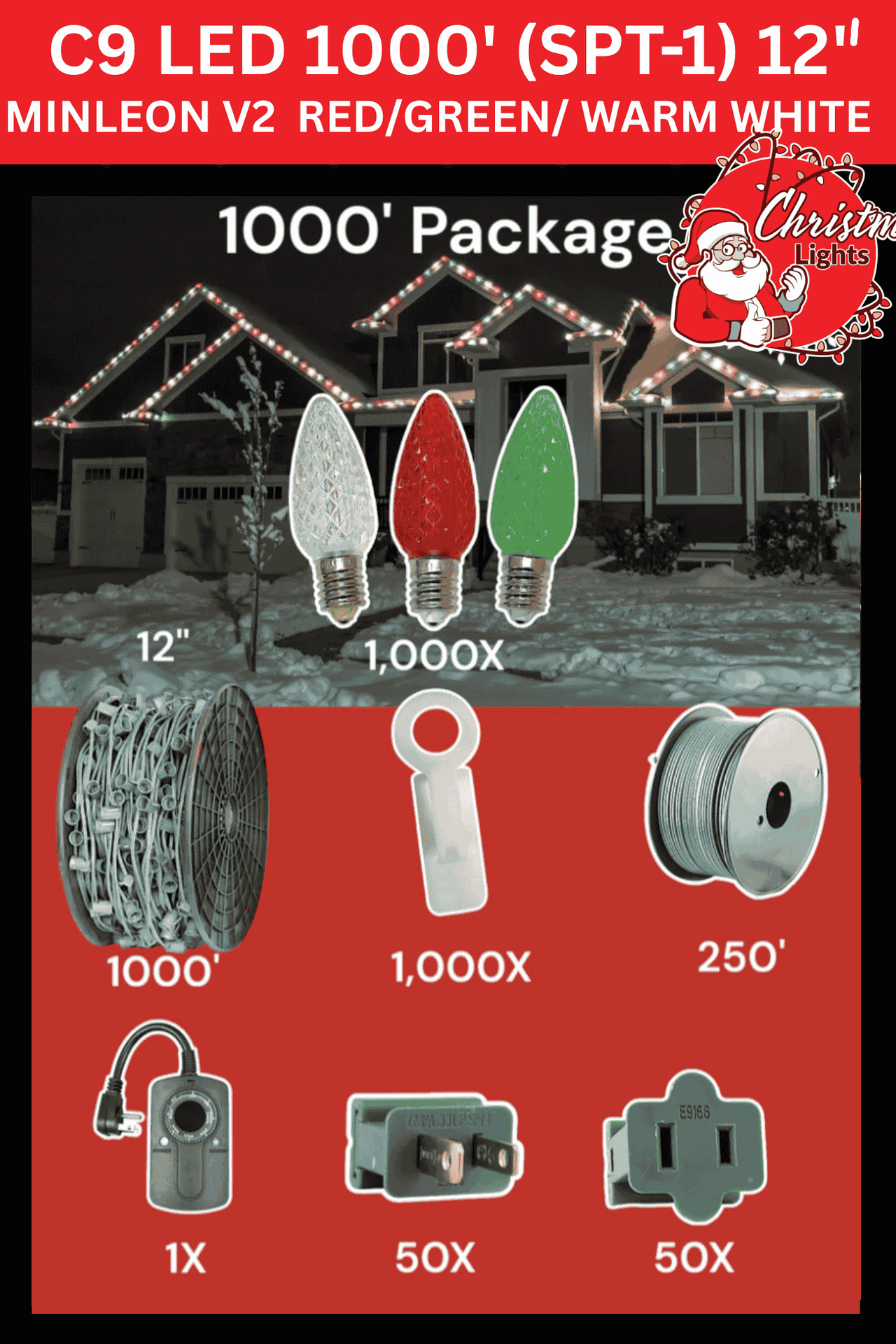 Professional Christmas Lights C9 LED 1000' SPT-1 12" Spacing Minleon V2 Red/Green/Warm White