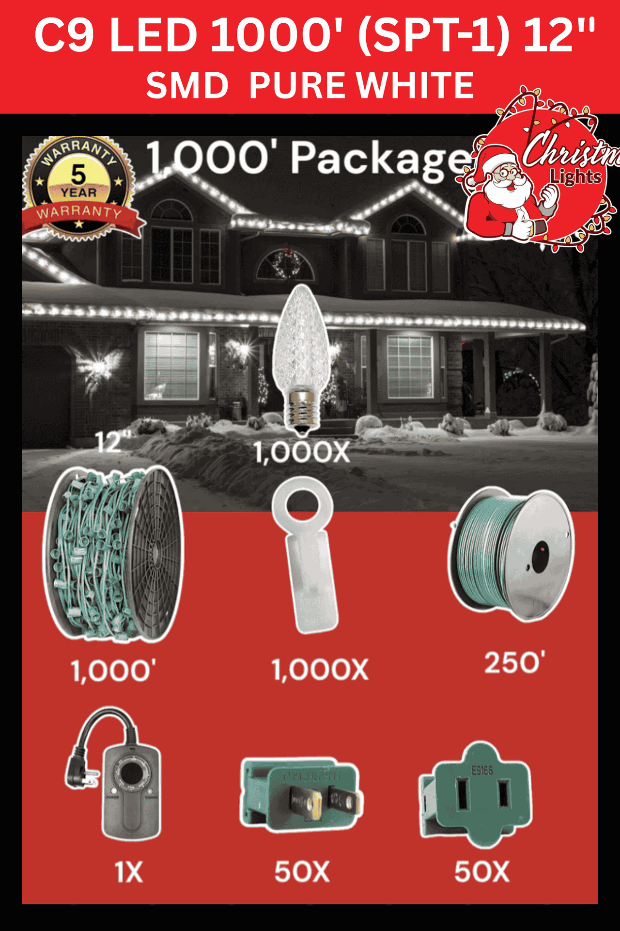 Professional Christmas Lights C9 LED 1000' SPT-1 12" Spacing SMD Pure Warm White