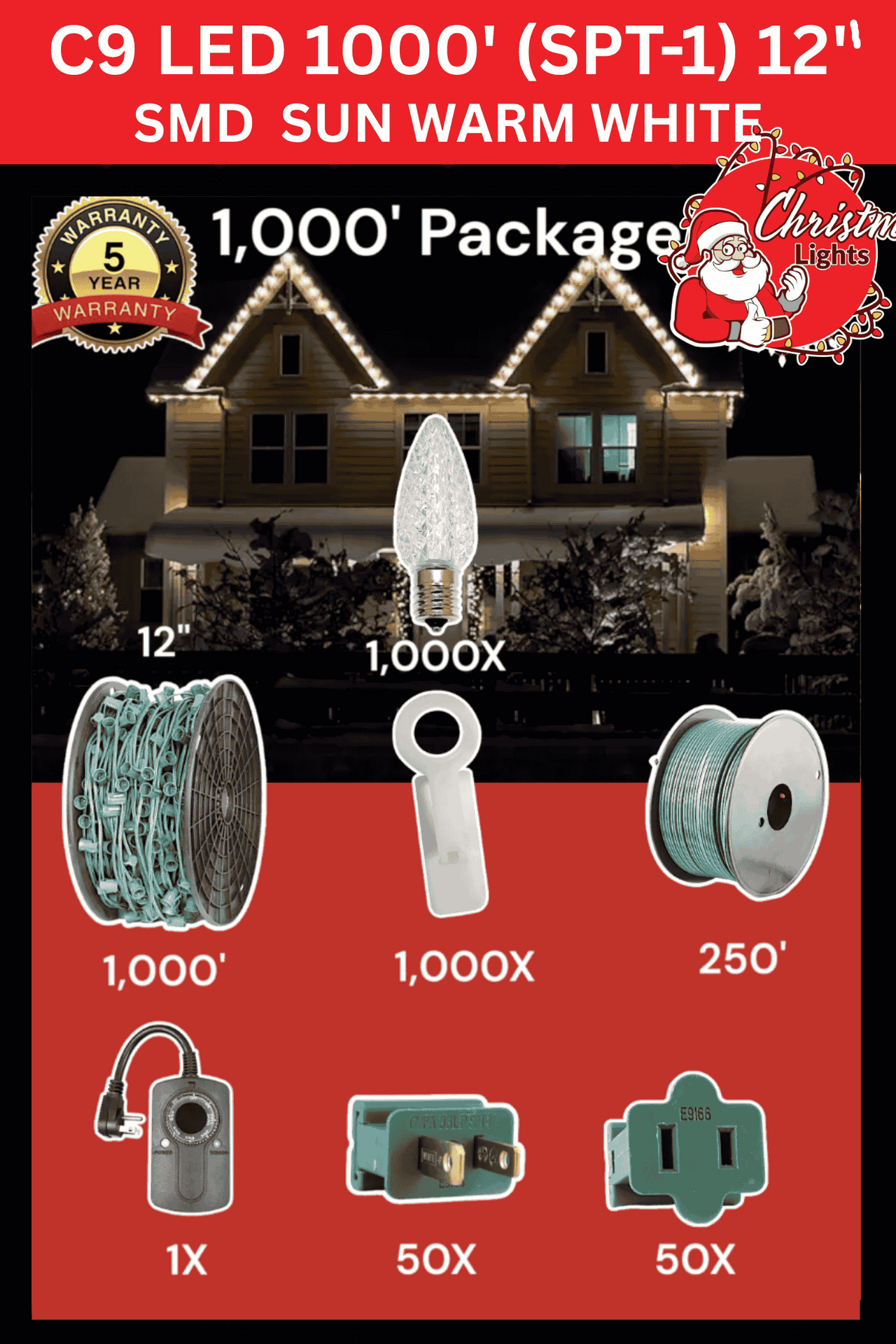 Professional Christmas Lights C9 LED 1000' SPT-1 12" Spacing SMD Sun Warm White