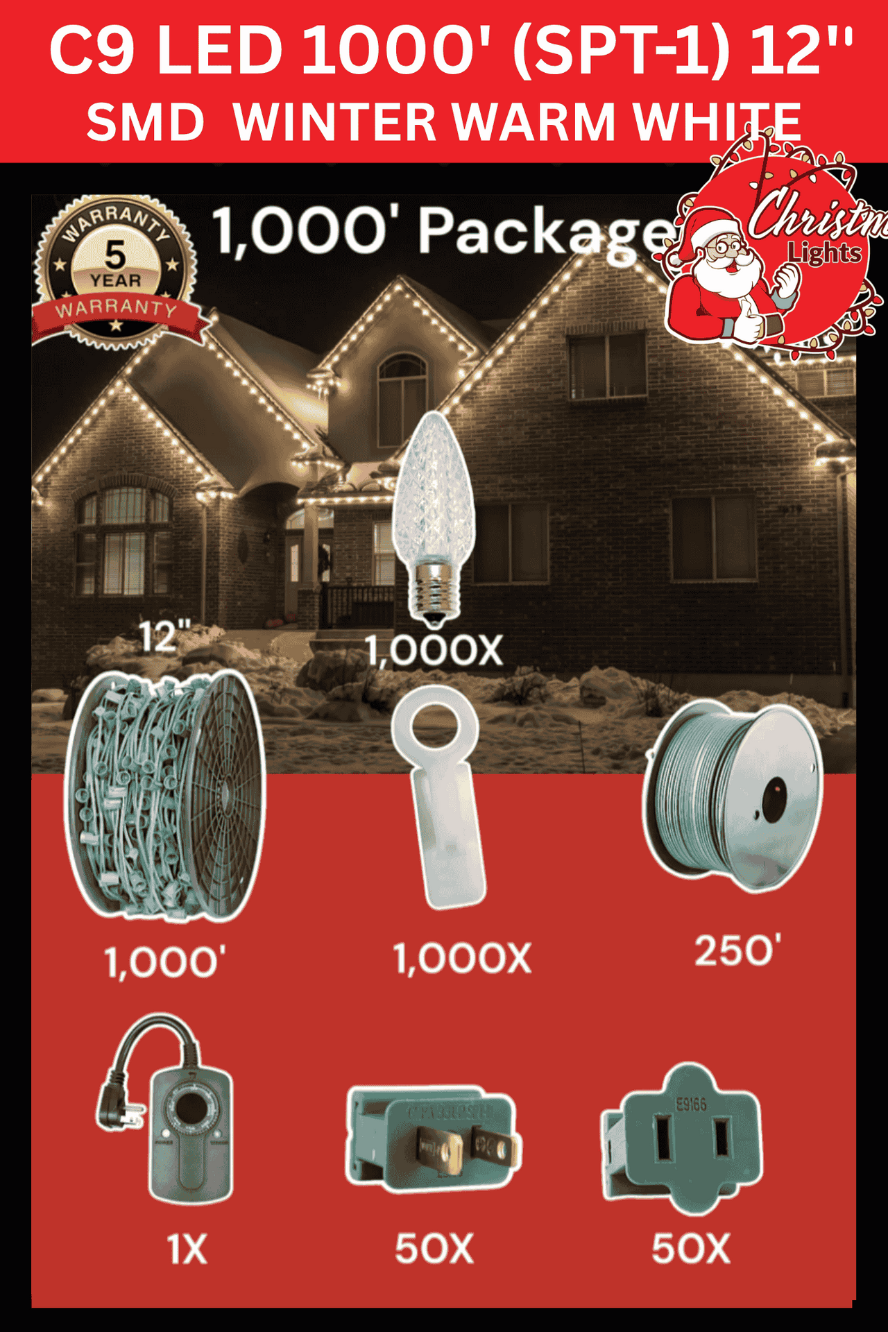 Professional Christmas Lights C9 LED 1000' SPT-1 12" Spacing SMD Winter Warm White