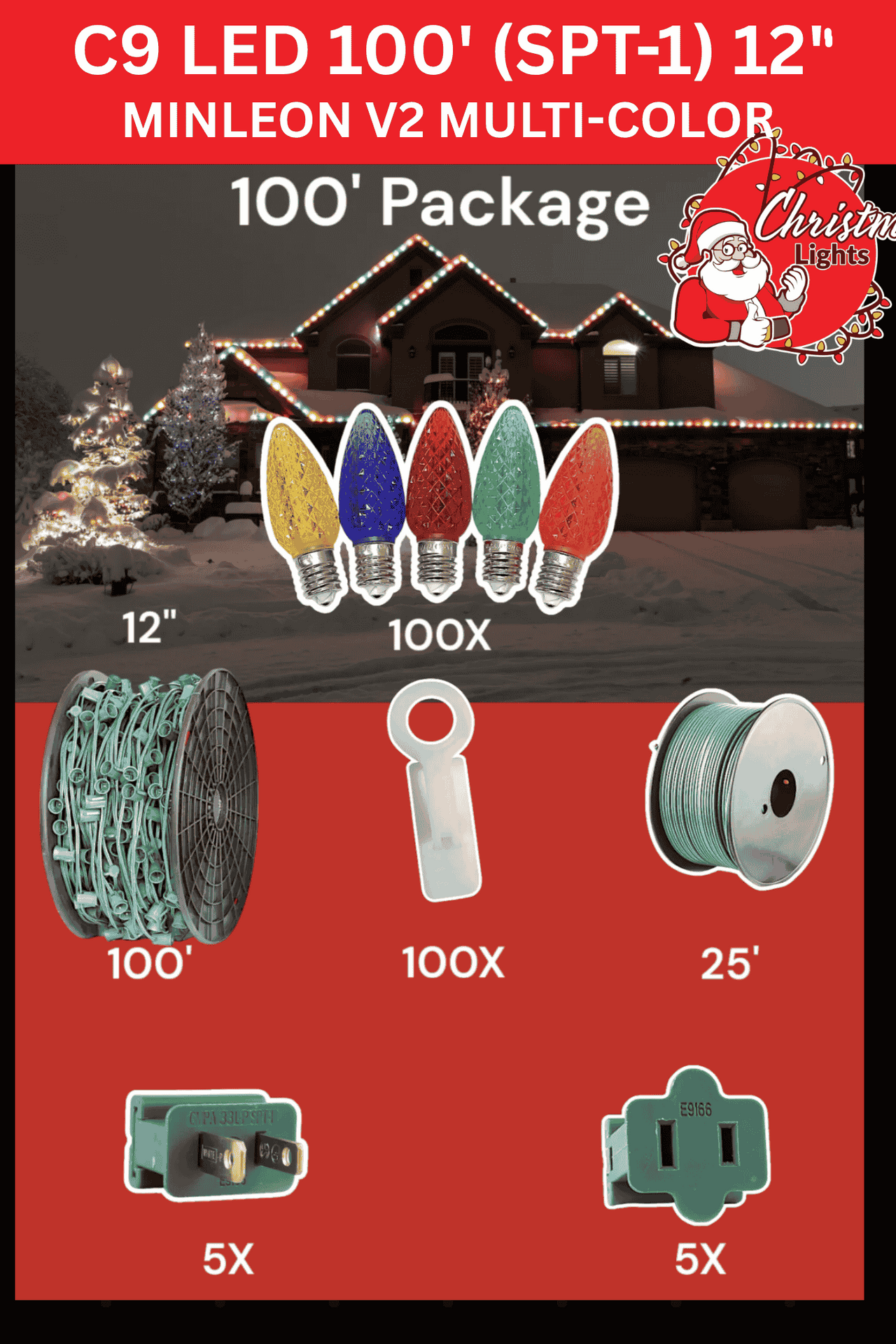 Professional Christmas lights C9 LED 100' SPT1 12" spacing Minleon V2multi-color