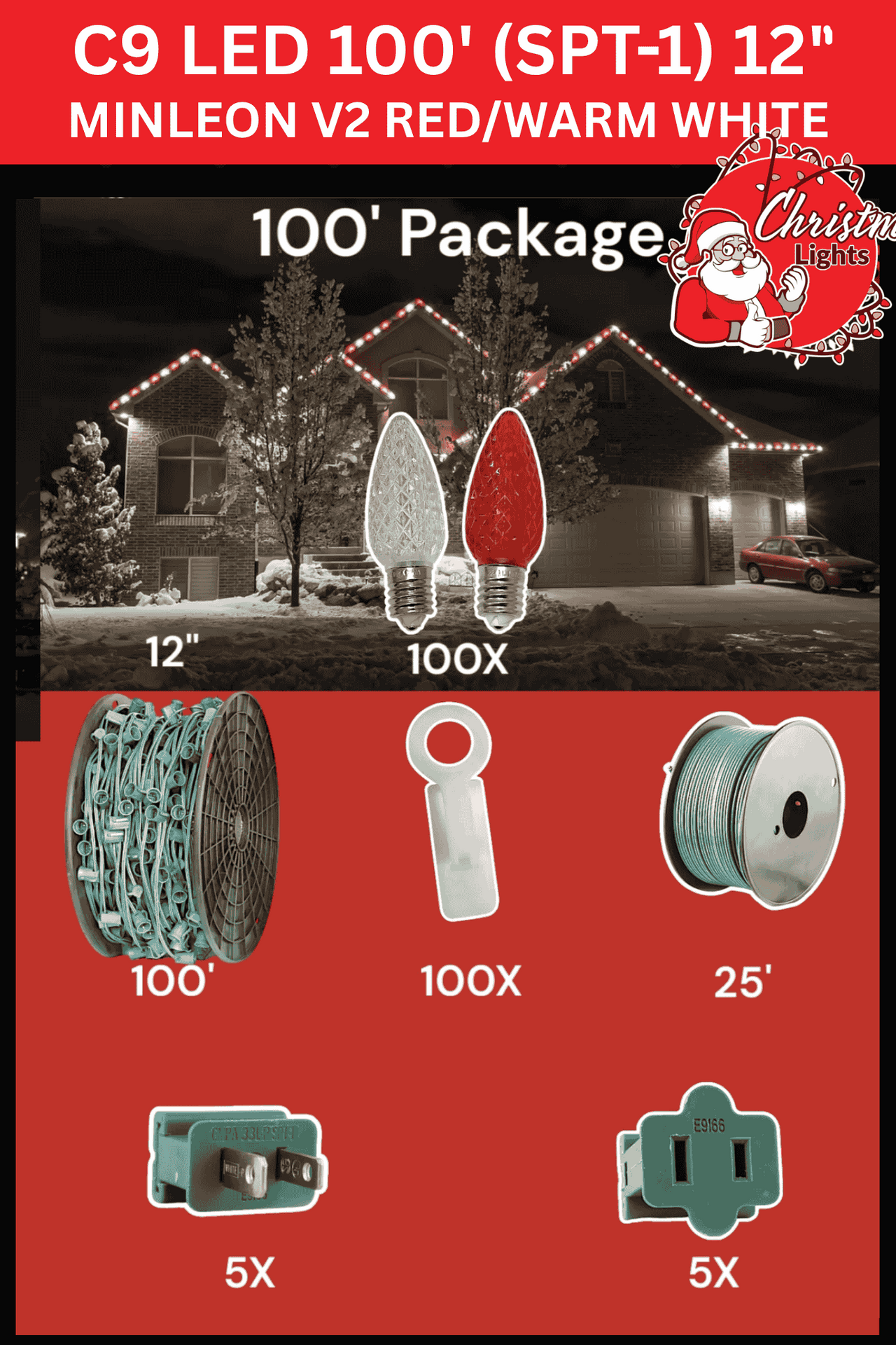 Professional Christmas lights C9 LED 100' SPT1 12" spacing Minleon V2 red and warm white
