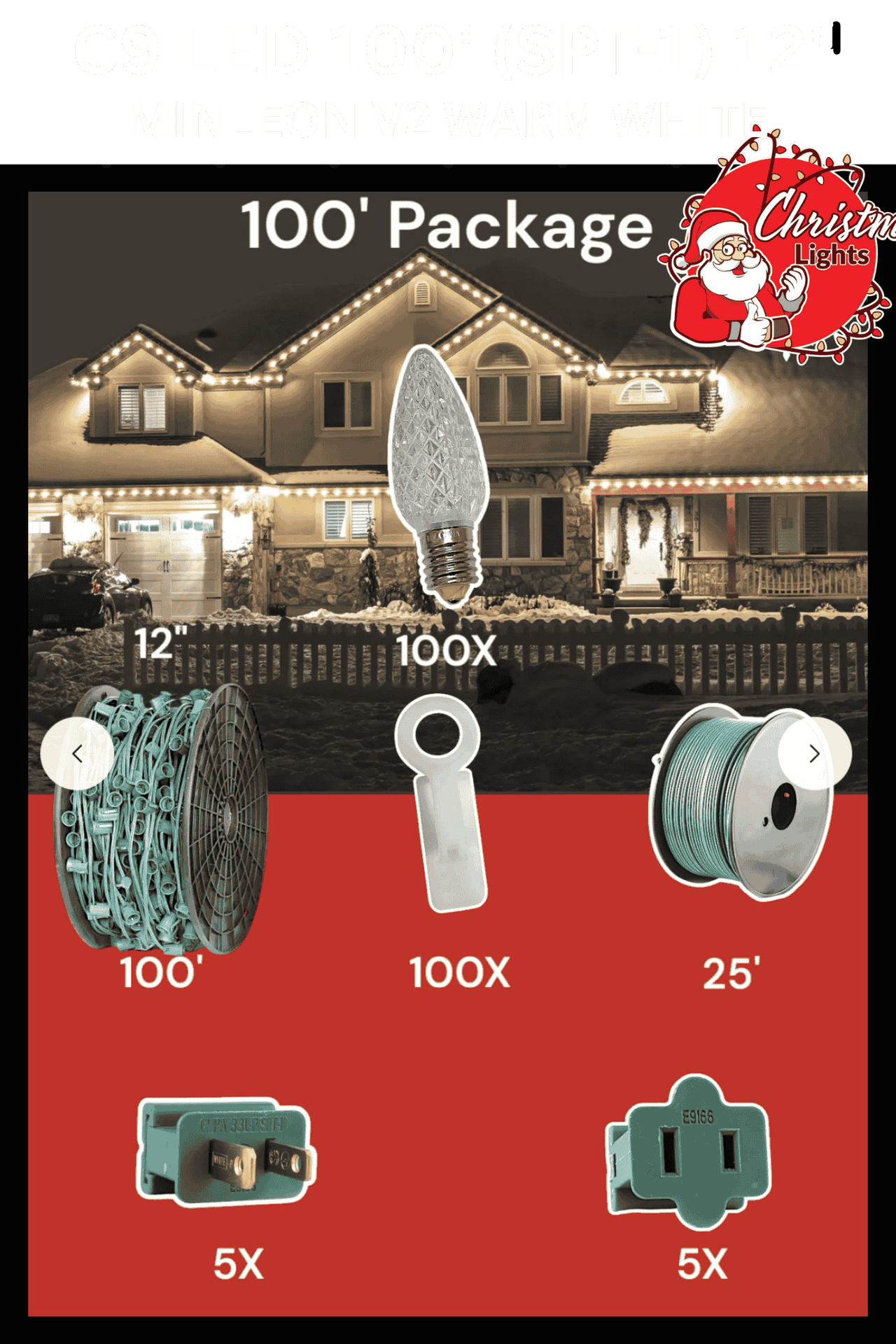 Professional Christmas lights C9 LED 100' SPT1 12" spacing Minleon V2 warm white