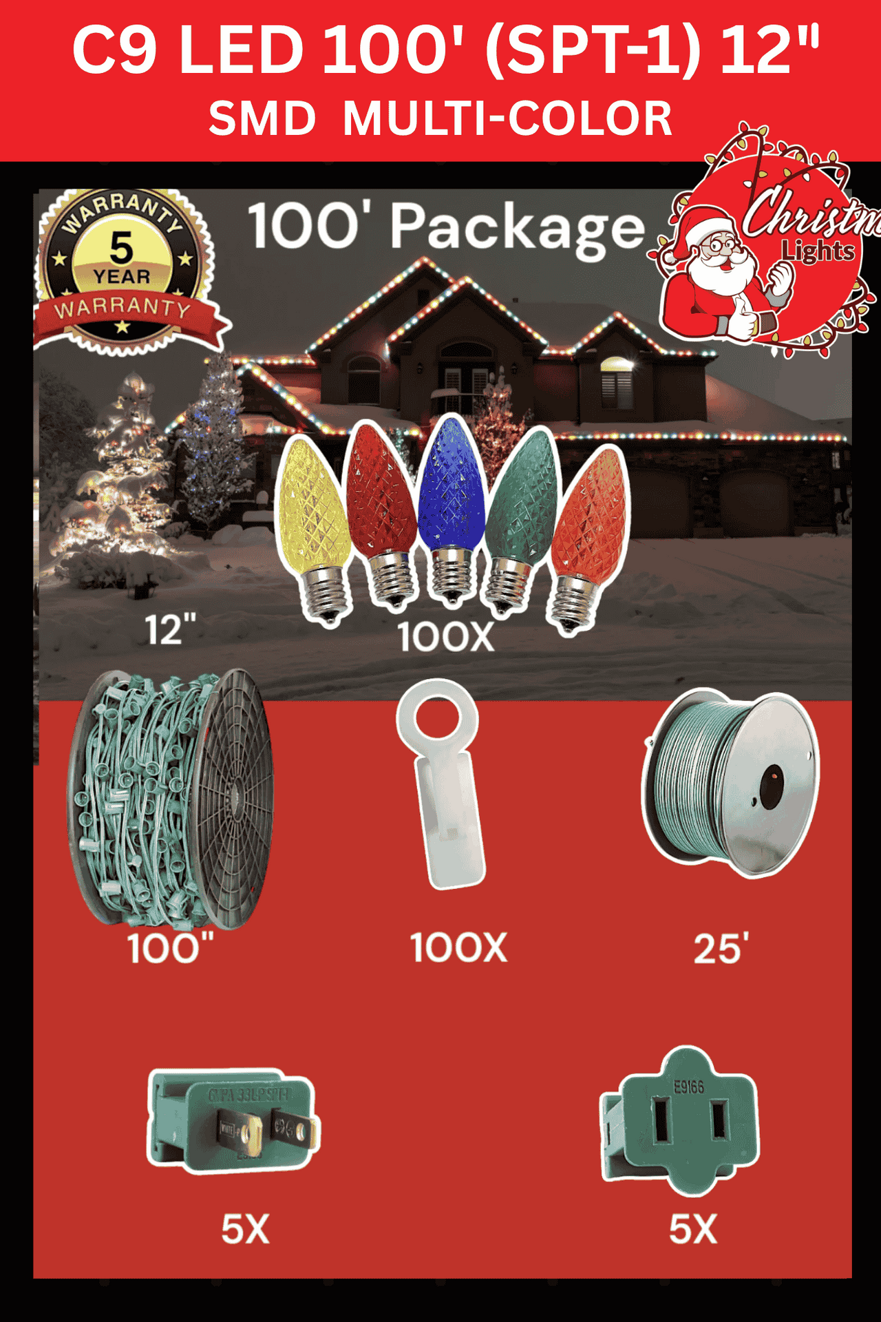 Professional Christmas lights C9 LED 100' SPT1 12" spacing SMD multi-color