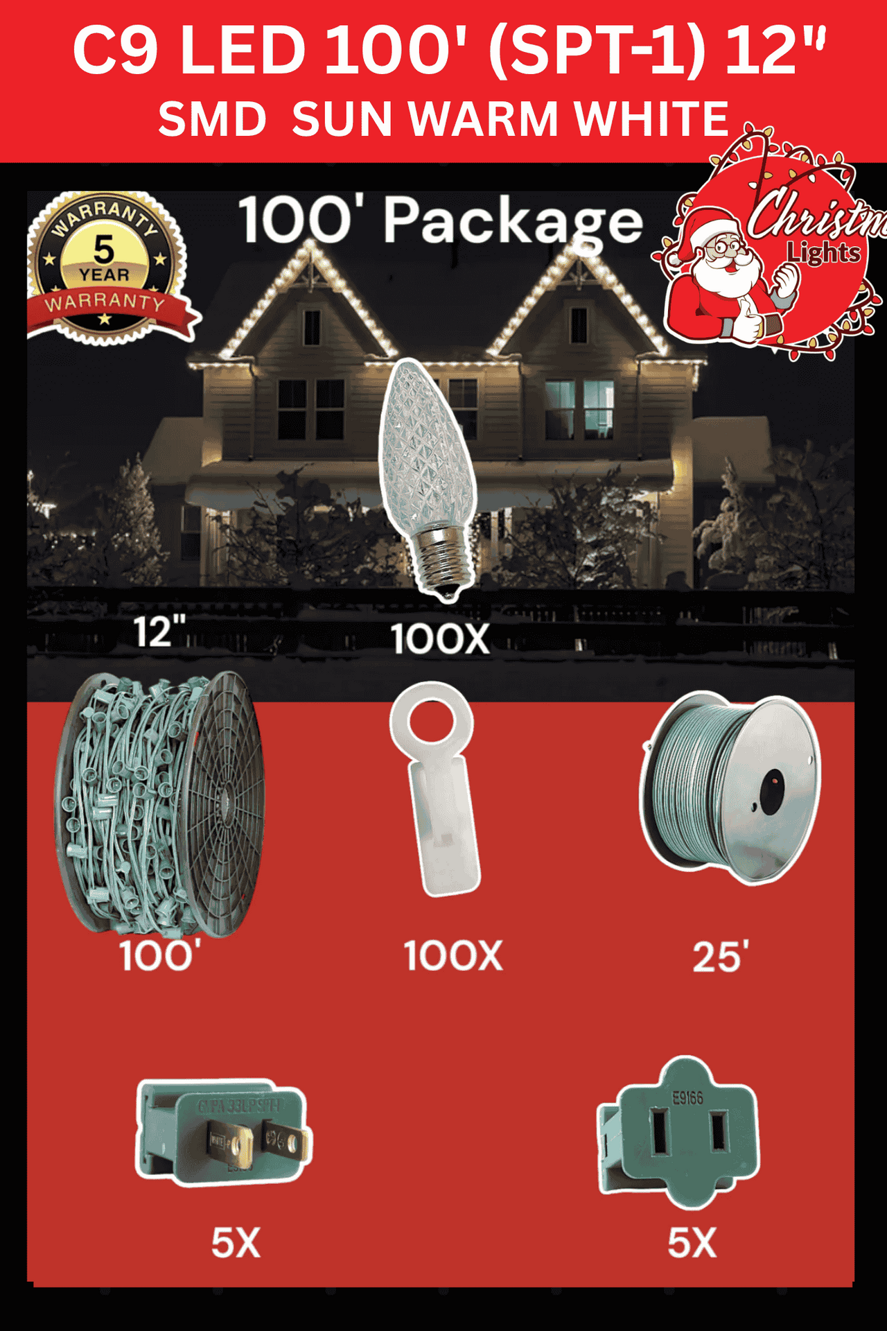Professional Christmas lights C9 LED 100' SPT-1 12" spacing SMD sun warm white